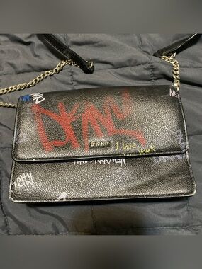 DKNY Black Leather Graffiti Flap Crossbody with Silver Hardware